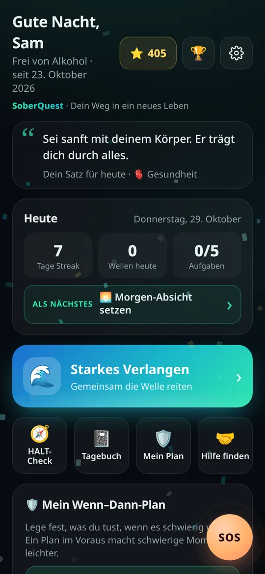 SoberQuest-Startseite: Tage-Serie, Heute-clean-Button, Button bei starkem Verlangen und Tagesaufgaben