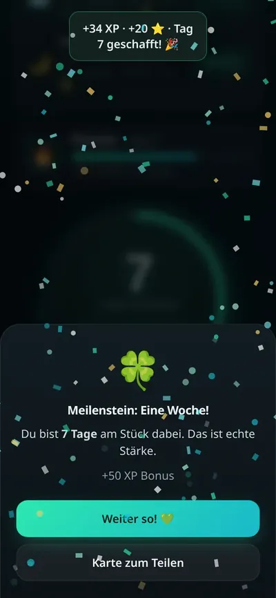 Meilenstein-Feier in der App: eine Woche, plus 50 XP Bonus