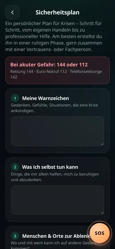 Sicherheitsplan mit Notrufnummern und Schritten