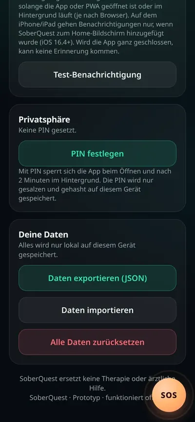 Einstellungen: Privatsphäre mit PIN und deine Daten mit Export, Import und Zurücksetzen