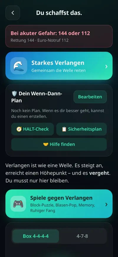 SOS-Screen mit Notrufnummern und Ruhe-Tools