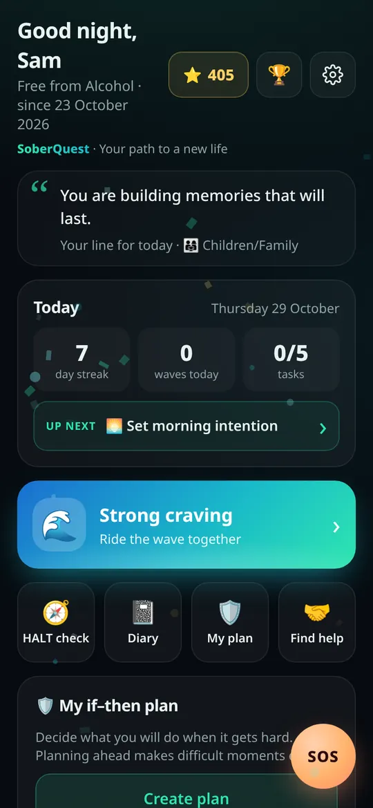 Écran d’accueil de SoberQuest : série de jours, bouton de check-in, bouton en cas de forte envie et tâches du jour (app en anglais)