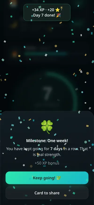 Célébration d’étape dans l’app : une semaine, plus 50 XP bonus