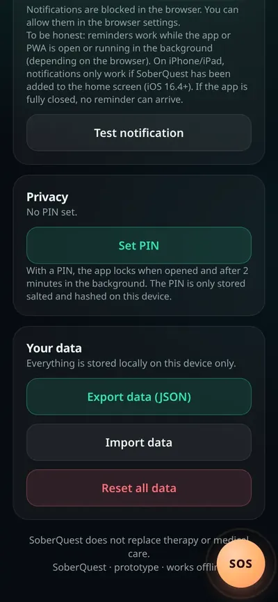Réglages : confidentialité avec code PIN, et tes données avec export, import et réinitialisation