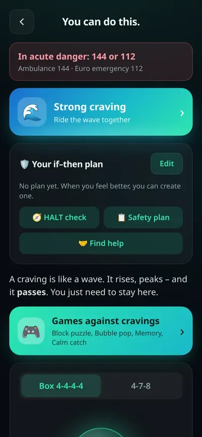 Écran SOS avec numéros d’urgence et outils de calme